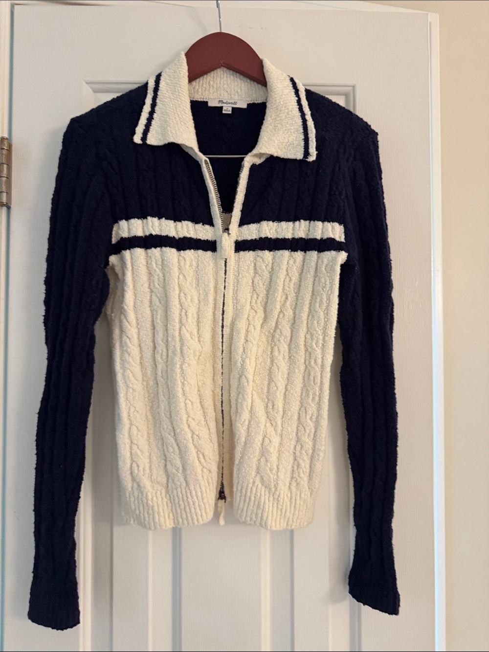 Madewell Cream & Navy Cable-Knit Zip Cardigan